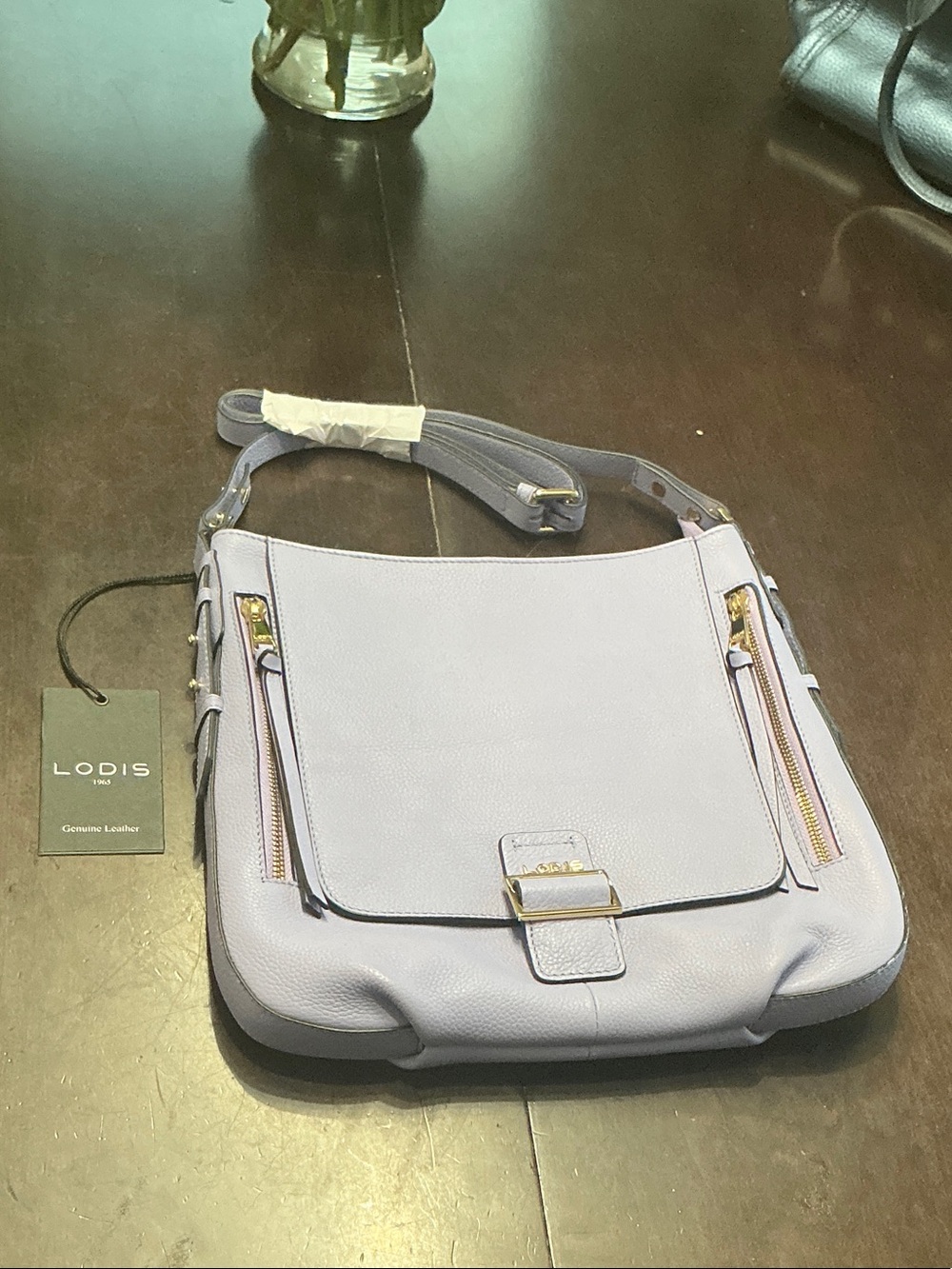 Lodis Lavender Leather Crossbody Shoulder Bag with Gold Hardware